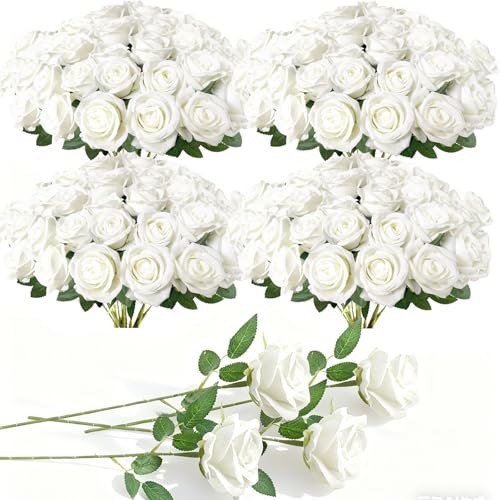 Cherica 100Pcs White Roses Artificial Flowers with Stems???Fake Roses Bouquet Fake Flowers Bulk???Silk Velvet Roses for Wedding Centerpieces Arrangement Baby Shower Birthday Home Decor Gifts