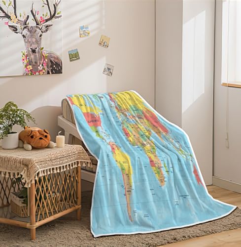 World Map Blue Fleece Throw Blanket for Couch and Sofa, Vintage Topography Educational College Kids Children Bed Travel Camping Blankets, 50X60in