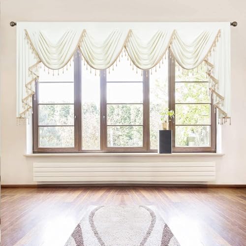VOGOL Super Soft Velvet Curtains Valance, Retro European Style Waterfall Valances for Dining Room, White Light-Filtering Swag Valance Window Treatment with Tassels, 110 Inches Wide, 1 Piece