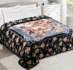 Nestl 9 Lbs Velvet Fleece Blanket for Winter - 2 Ply Heavy & Warm Korean Style Bed Blanket - Reversible Printed Raschel Queen Size Blanket - Wrinkle & Fade Resistant - 79 x 94 Inches - Black & Grey