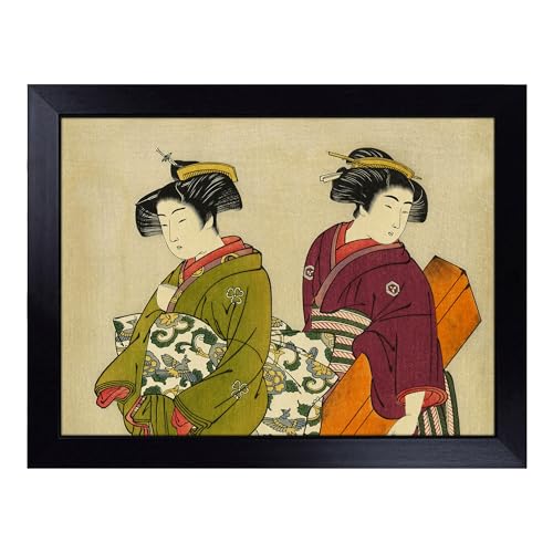 Lap Tray with Bean Bag Cushion, Geisha Japanese Oriental Art - Handmade in the UK, Raised Wooden Edge, Padded Cushion, Heat-Resistant Wipe-Clean Surface, for Meals, Laptops and Crafts