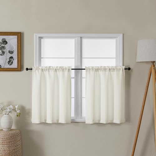 Lecloud Bessie Ivory Kitchen Curtains 24 Inch Length 2 Panels, Faux Linen Textured Curtains for Bedroom, Window Curtain Tiers with Dual Rod Pocket, Each 30 W x 24 L