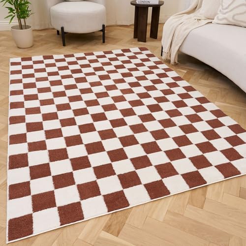 THE RUGS Living Room Rug, Loft Collection – Modern Textured 14mm Soft Pile Area Carpet, Non-Shedding & Easy Care [ Checkerboard Terra, 200x290 cm]