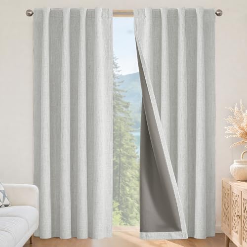 Joydeco 100% Opaque Curtains with Loops, Concealed Linen Look, Blackout Curtain Rod Pull Curtains, Thermal Curtain, Linen, Heat Protection for Living Room