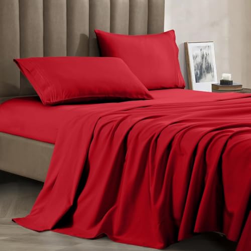 CELINE LINEN Best, Softest, Coziest Bed Sheets Ever! 1800 Thread Count Egyptian Quality Wrinkle-Resistant 4-Piece Sheet Set with Deep Pockets 100% HypoAllergenic, Full Red