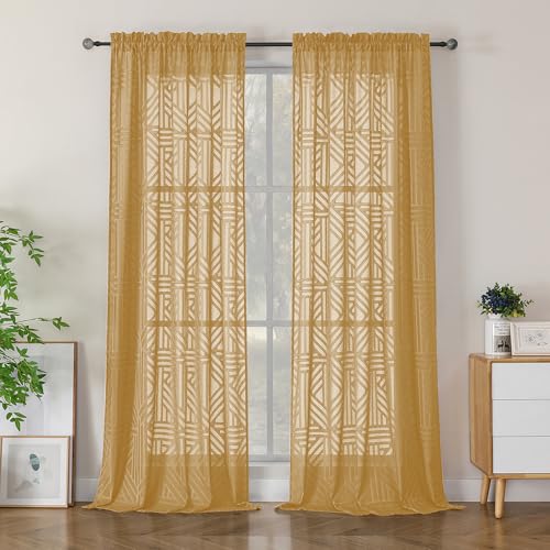 Simplebrand Semi Sheer Gold Curtains 90 Inches Long 2 Panels, Light Filtering Geometric Jacquard Clip Textured Sheer Curtains for Living Roon???Modern Elegant Window Curtains Drapes???52x90 inch