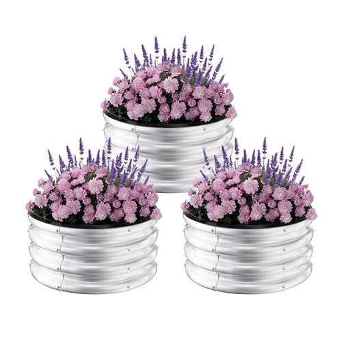GarveeLife Metal Raised Bed 60 x 28 cm, Pack of 3, Round Raised Bed for Outdoor Use, Metal Garden Bed for Vegetables, Galvanised Steel Raised Beds for Gardening, Above Ground Garden Box for Flowers