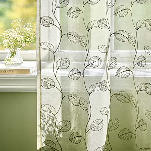 Lazzzy Sage Sheer Curtains Leaf Embroidered 72 Inch Long for Living Room Bedroom Rod Pocket Voile Window Drapes 2 Panels