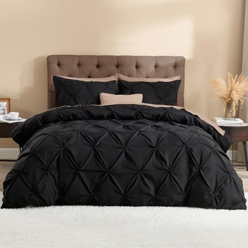 Litanika Black Oversized Queen Duvet Cover, 3 Pieces Pinch Pleat Cover - Soft Polyester, Pintuck Bedding Set with Zipper Closure & Corner Ties(1 Duvet Cover, 2 Pillowcases)