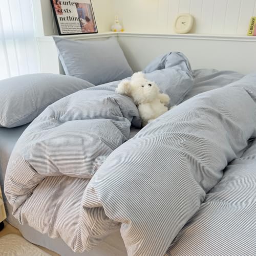 mixinni Striped Duvet Cover Set- 100% Washed Cotton Blue Comforter Cover with White Pinstripe Stripes Pattern Printed Bedding Set with Zipper Closure, 3 Pieces, Twin XLSize