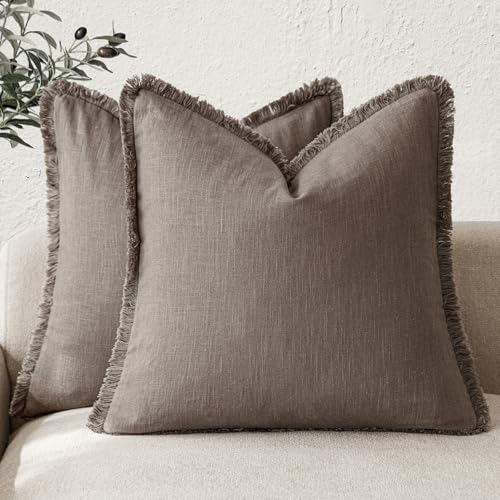 Foindtower Set of 2 Decorative Linen Fringe Throw Pillow Covers Boho Farmhouse Cushion Cover with Tassels Soft Accent Pillowcase for Couch Sofa Bed Living Room Home Decor,26×26 Inch,Light Coffee