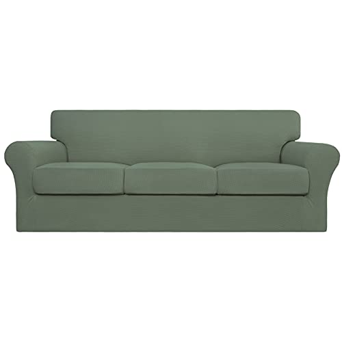Easy-Going 4 Pieces Stretch Couch Cover Sofa Cover for Dogs Washable Sofa Slipcover for 3 Separate Cushion Couch Spandex Jacquard Fabric Elastic Furniture Protector for Pets, Kid(Greyish Green, Sofa)