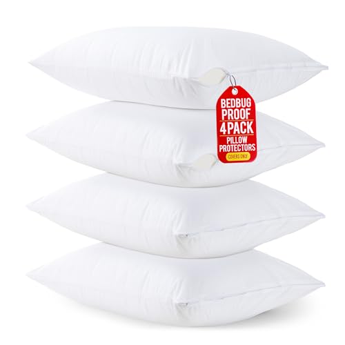 Utopia Bedding Waterproof Pillow Protector Zippered (4 Pack) Queen – Bed Bug Proof Pillow Encasement 20 x 28 Inches