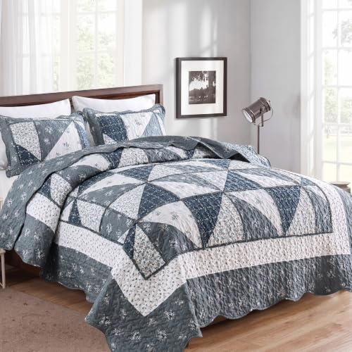Oversized King Size Grey Floral Plaid Patchwork Quilt Set 128x120 Extra Wide Super King Size Rversible Quilted Bedspread Coverlet Set 3-Piece Comforter Bedding Set Bed Cover with 2 Pillow Shams