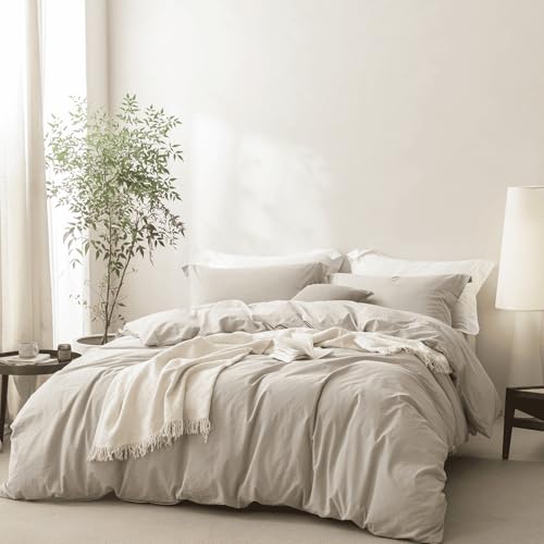 BDEAR Linen Feel Cream Grey Duvet Cover Oversized Queen Size 98'' L x 98'' W, 100% Washed Cotton Duver Cover with Zipper Closure Plus 2 Pillowcases, Oeko TEX Standard Certificated
