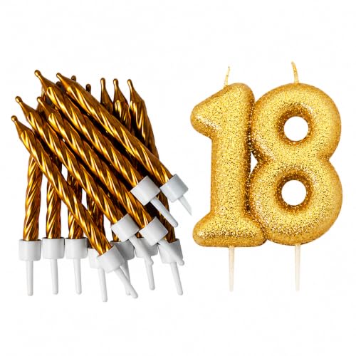 18th Birthday Gold Candle Kit, Glitter Number 18 Candle with 12 Metallic Spiral Cake Candles and Holders, Birthday Cake Decorations, Pack of 13