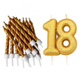18th Birthday Gold Candle Kit, Glitter Number 18 Candle with 12 Metallic Spiral Cake Candles and Holders, Birthday Cake Decorations, Pack of 13