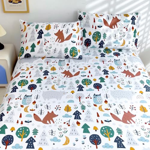 Homilay Kids Queen Sheet Sets - 4 Piece Cute Fox Breathable Soft Microfiber Bed Sheets - Easy Fit Deep Pockets Wrinkle Free - Cartoon Cozy Toddler Bedding Sets for Boys Girls Teens