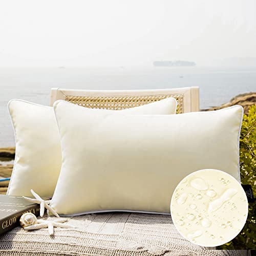 Phantoscope Pack of 2 Outdoor Waterproof Solid Throw Decorative Pillow Cover Decorative Square Outdoor Pillows Cushion Case Patio Pillows for Couch Tent,Cream Cheese 12x20 inches 30x50 cm