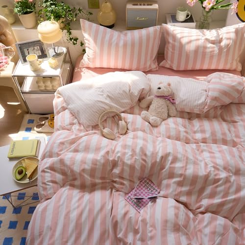 EAVD White and Pink Striped Duvet Cover Queen Soft Washed Microfiber White Bedding Set with Striped Pattern Reversible Geometric Pattern Duvet Cover with Zipper Closure