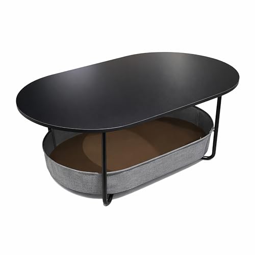 Relaxdays Oval Coffee Table with Fabric Basket, Storage Side Table, MDF & Metal, Black-Dark Grey, 55x100x45 cm