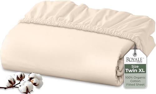 "Royale Linens 100% Organic Cotton Fitted Sheet - Percale Weave - Super Soft Deep Pocket Bottom Sheets - Cream Elastic Sheet Twin XL Size - Twin XL Fitted Sheets Only - (39""x80""+15"", Cream)"
