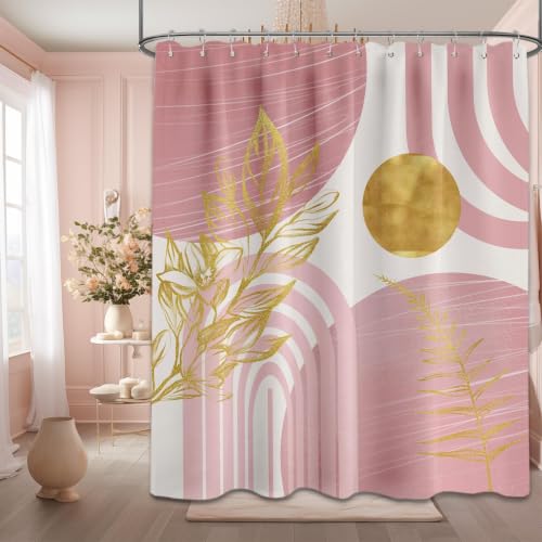 "QGHOT Blush Pink and Gold Shower Curtain Boho Mid Century Light Pink and White Shower Curtains for Bathroom Decor, Waterproof Cloth Fabric with Hooks, 70"" W x 84"" L"