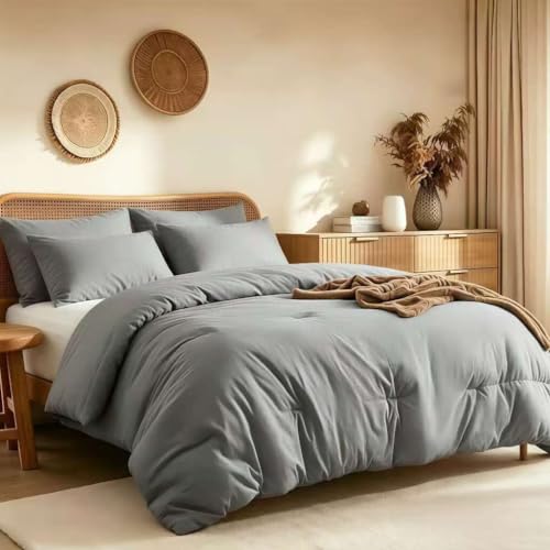 "Quataly King Comforter Set Prewashed Lightweight Quilted Bedding, All Season Breathable Down Alternative Dark Grey Solid Comforter (104""x90"") with 2 Pillowcases"