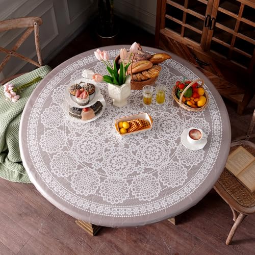 "Artbloss Round Fitted Tablecloth with Elastic Farmhouse Waterproof Oli Proof Table Cover Rustic Printed Wipeable Vinyl Table Protector for Home Picnic Outdoor (Khaki, 46""-55"" Round Tight Fit)"