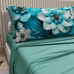 PETTI Artigiani Italiani - Cotton Sheets with Pillowcases in Digital Print, French Quarter, Complete Top and Bottom Sheet with Corners, Floral 05 21 Teal, 100% Made in Italy