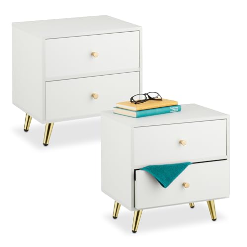 Relaxdays Bedside Table, Set of 2, 2 Drawers, 41.5 x 40 x 32.5 cm, Bedroom Nightstand, Next to Bed Storage, White/Gold