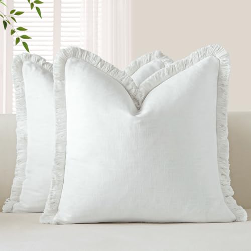 OTOSTAR Set of 2 Linen Fringe Decorative Throw Pillow Covers 16x16 Inch Soft Accent Cushion Covers with Tassels Boho Farmhouse Home Decor Pillowcases for Sofa Couch Patio Bed Living Room, White
