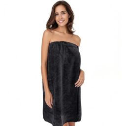 SINLAND Women's Spa Wrap Microfiber Lightweight Knee Length Bath Body Wrap Shower Towels with Adjustable Closure 32 Inch x 60 Inch Black