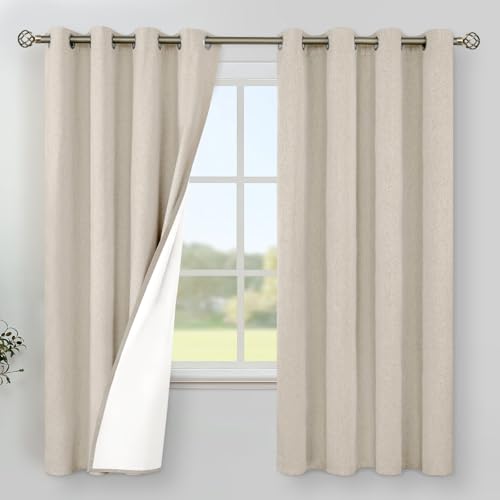 YoungsTex Oatmeal Linen Blackout Curtains 63 Inch Length for Bedroom - Thermal Insulated Black Out Drapes with Grommet Room Darkening for Living Room Window, 2 Panels, 52 X 63 Inch