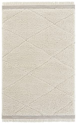Mint Rugs Danaki High Pile Living Room Rug with Fringe, Soft, Fluffy Long Pile, Shaggy Flokati Skandi Diamond Pattern for Kitchen, Hallway or Bedroom, High-Low Structure, Cream 80 x 150 cm