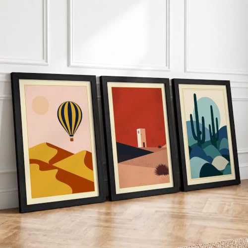 Desert Dreams Retro Set of 3 Framed Wall Art Prints A4 (29.7×21cm) Black,