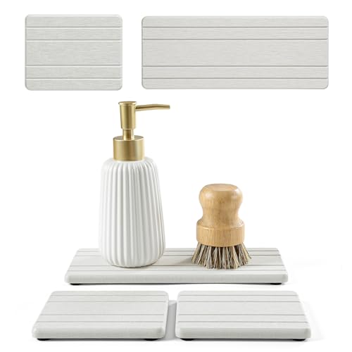 "3 Pack Diatomite Stone Sink Tray, Water Absorbing Mat for Kitchen & Bathroom Counter, Quick Dry Soap Dish Makeup Vanity Caddy,Sponge Holder Organizer, Beige - 2pcs of 4.5""x 3.5"" and 1pc of 9""x 3.5"""