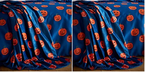 Catherine Lansfield Halloween Pumpkins Cosy Fleece 130x170cm Blanket Throw Navy Blue (Pack of 2)