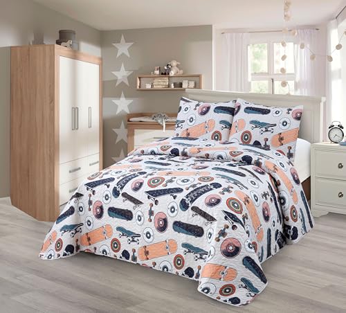 Kids Zone Collection Quilt Bedspread Set Kids/Teens Skateboard Print Bedding Set Navy Blue and Coral Design with Wheels Pattern Full/Queen New # Skateboard
