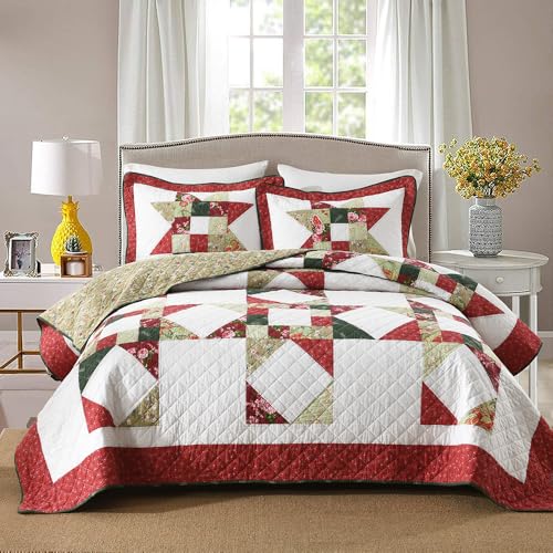 camandy Cotton Quilt Bedding Sets 3 Pieces Soft Reversible Coverlets Luxury Star Real Patchwork Bedspread, Red White, King Size