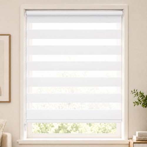 VOUNOT® Day and Night Blinds No Drill, Zebra Roller Blinds for Windows, Double Layer Translucent and Blackout Fabric, Easy Installation Window Shades, White, 80 x 150 cm