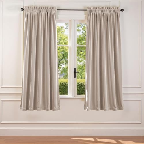 "Lazzzy Velvet Blackout Curtains Thermal Insulated Room Window Drapes Super Soft Luxury Curtains for Living Room Bedroom Rod Pocket 2 Panels, Oatmeal, 52"" W x 72"" L"