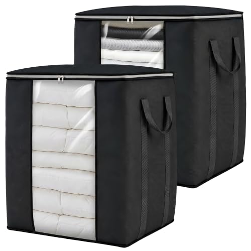 Fixwal Extra Large Blanket Storage Bags 120L 2 Pack Comforter Storage Bags with Reinforced Handles Breathable Clothes Storage Containers for King Comforter Bedding Pillow Sheet Black