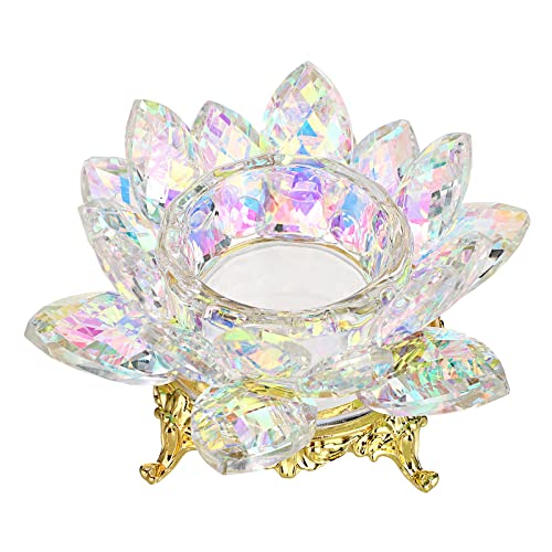 OwnMy Crystal Lotus Flower Tea Light Holder Lotus Petals Votive Candle Stand with Gold Metal Base, Glass Lotus Tealight Candlestick Holder Candle Lamp for Table Centerpiece Wedding Decor (AB Color)