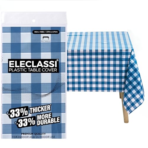 Eleclassi Blue Gingham Checkered 12 Pack Premium Disposable Plastic Tablecloth 54 x 108 in - Party Plastic Table Cloth Disposable Tablecloth for Rectangle Tables Up to 8 Ft - Plastic Table Cover