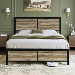 VECELO Double Bed Frame with Grey Oak Wood Headboard, Heavy Duty Metal Platform Bed, Strong Steel Slat Support, No Box Spring Needed, Noise-Free, Easy Assembly