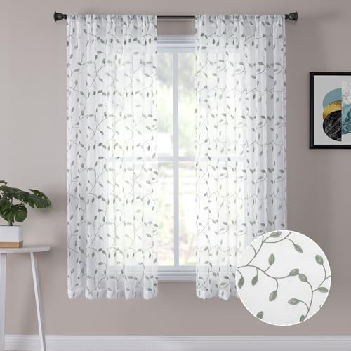 Tollpiz Leaves Short Sheer Curtains Sage Green Leaf Embroidery Living Room Curtain Rod Pocket Voile Faux Linen Embroidered Leaves Curtains for Bedroom, 38 x 54 inches Long, Set of 2 Panels