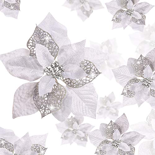 Boao 24 Pieces Christmas Glitter Flowers Poinsettia Artificial Xmas Flowers Wedding Christmas Tree New Year Ornaments (Silver)