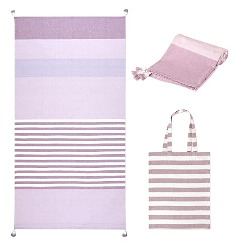 "Folkulture Turkish Beach Towel for Adults with Beach Bag 40"" x 72"" Bath Towels, Beach Blanket or Oversized Sand Resistant Beach Towels, 100% Cotton Fast Drying, Lightweight and Large, (Lilac)"