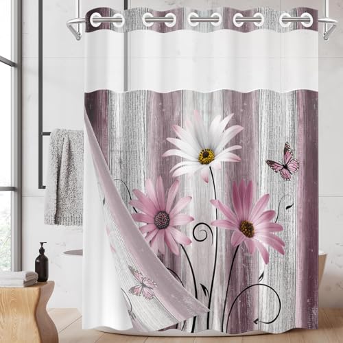Nesphy No Hook Flower Daisy Shower Curtain with Snap in Fabric Liner Set, Pink Rustic Farmhouse Double Layers Waterproof Fabric with See Through Top Window Open Grommet Bath Curtain 54x80 Inch